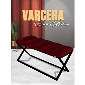 Varcera Sliced Puf - Siyah Çapraz Metal Ayaklı, Dilimli Model Bench Puf Bordo