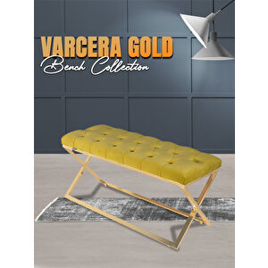 Varcera Gold Bench Çapraz Metal Ayaklı Kapitoneli Model Puf Hardal