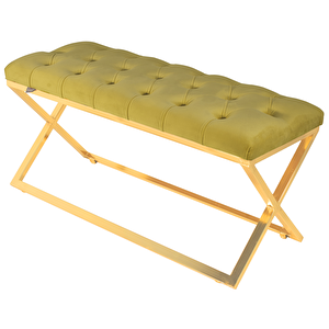 Varcera Gold Bench Çapraz Metal Ayaklı Kapitoneli Model Puf Hardal