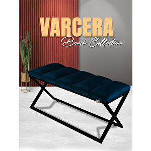 Varcera Sliced Puf - Siyah Çapraz Metal Ayaklı, Dilimli Model Bench Puf Mavi