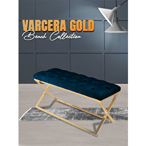 Varcera Gold Bench Çapraz Metal Ayaklı Kapitoneli Model Puf Mavi
