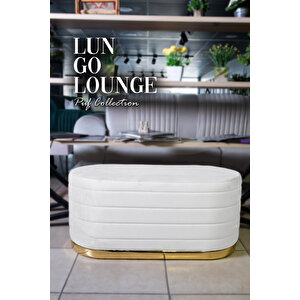 Lungo Long Line Puf Luxery Gold Kaplama Dekoratif Puf Koltuk Beyaz