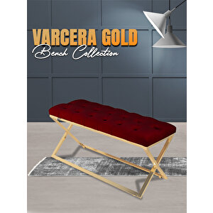 Varcera Gold Bench Çapraz Metal Ayaklı Kapitoneli Model Puf Bordo