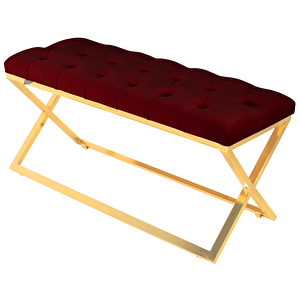Varcera Gold Bench Çapraz Metal Ayaklı Kapitoneli Model Puf Bordo