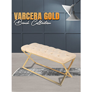 Varcera Gold Bench Çapraz Metal Ayaklı Kapitoneli Model Puf Krem