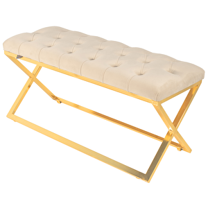 Varcera Gold Bench Çapraz Metal Ayaklı Kapitoneli Model Puf Krem