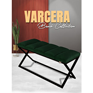 Varcera Sliced Puf - Siyah Çapraz Metal Ayaklı, Dilimli Model Bench Puf Yeşil