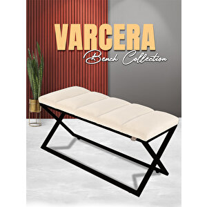 Varcera Sliced Puf - Siyah Çapraz Metal Ayaklı, Dilimli Model Bench Puf Beyaz