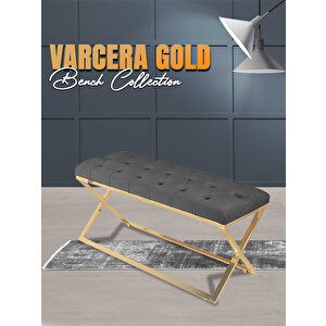 Varcera Gold Bench Çapraz Metal Ayaklı Kapitoneli Model Puf Gri