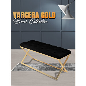 Varcera Gold Bench Çapraz Metal Ayaklı Kapitoneli Model Puf Siyah