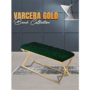 Varcera Gold Bench Çapraz Metal Ayaklı Kapitoneli Model Puf Yeşil