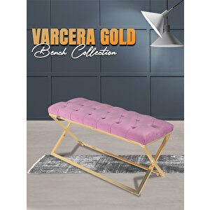 Varcera Gold Bench Çapraz Metal Ayaklı Kapitoneli Model Puf Pembe