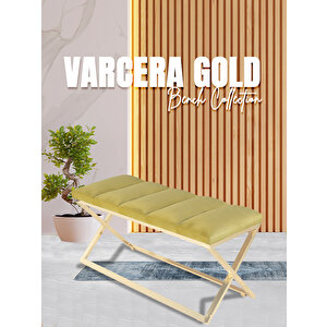 Varcera Gold Sliced Bench Çapraz Metal Ayaklı Dilimli Model Puf Hardal
