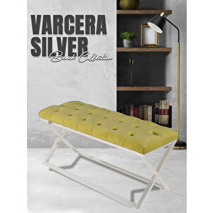 Varcera Silver Bench Çapraz Metal Ayaklı Kapitoneli Model Puf Hardal