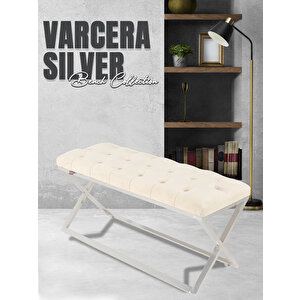 Varcera Silver Bench Çapraz Metal Ayaklı Kapitoneli Model Puf Beyaz