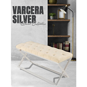 Varcera Silver Bench Çapraz Metal Ayaklı Kapitoneli Model Puf Krem