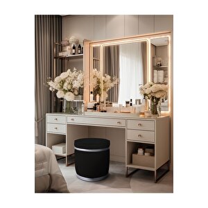 Zerafet Silver Kaplama Luxery Puf, Pofuduk Puf, Makyaj Koltuğu Siyah
