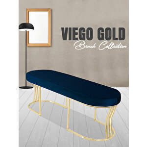 Viego Gold Smooth Bench Lüks Metal Gold Ayak, Chester Model Yatak Ucu Puf Mavi