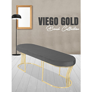 Viego Gold Smooth Bench Lüks Metal Gold Ayak, Chester Model Yatak Ucu Puf Gri