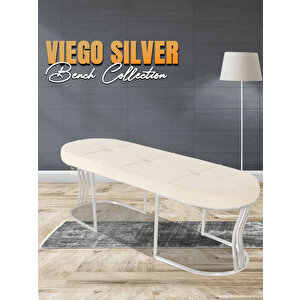 Viego Silver Exclusive Bench Lüks Metal Gümüş Ayak, Chester Model Yatak Ucu Puf Beyaz