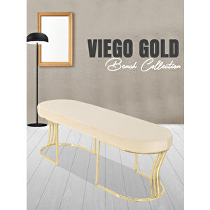 Viego Gold Smooth Bench Lüks Metal Gold Ayak, Chester Model Yatak Ucu Puf Krem