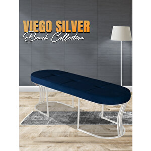 Viego Silver Exclusive Bench Lüks Metal Gümüş Ayak, Chester Model Yatak Ucu Puf Mavi
