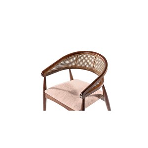 Gazel Hasırlı Krem Teddy Kumaş Hazeran Model Ceviz Natural Ahşap Bohem Sandalye