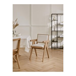 Kalmar Beyaz Kumaş Natural Ahşap Sandalye