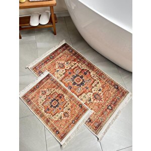 Ethnic Dijital Şönil Kaydırmaz 2'li Banyo Paspas Seti 60x100+40x60 Cm - Çok Renkli