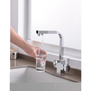 Krom Kare Aritmali Mutfak Evi̇ye Bataryasi 3 Yollu L Boru Lüx Su Tasaruflu Musluk  Garanti̇li̇