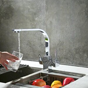 Krom Kare Aritmali Mutfak Evi̇ye Bataryasi 3 Yollu L Boru Lüx Su Tasaruflu Musluk  Garanti̇li̇