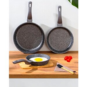 3737 Fry Pan Döküm Granit 3 Parça Tava Seti Siyah 20-24-28 Cm