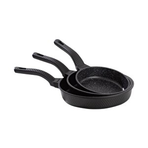 3737 Fry Pan Döküm Granit 3 Parça Tava Seti Siyah 20-24-28 Cm