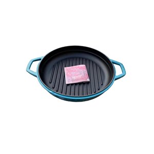 28 Cm Yuvarlak Demir Döküm Grill Tava Çift Kulplu Mavi