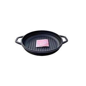 28 Cm Yuvarlak Demir Döküm Grill Tava Çift Kulplu Siyah