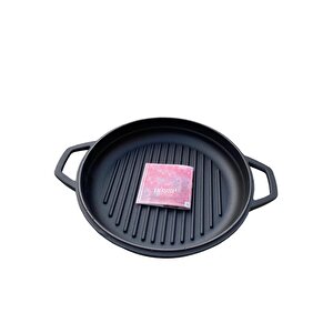 28 Cm Yuvarlak Demir Döküm Grill Tava Çift Kulplu Siyah