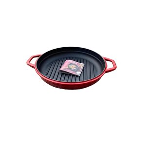 28 Cm Yuvarlak Demir Döküm Grill Tava Çift Kulplu Kırmızı