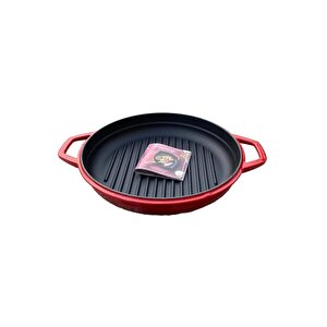28 Cm Yuvarlak Demir Döküm Grill Tava Çift Kulplu Kırmızı