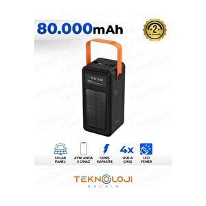 Güneş Enerjili Solar Powerbank 80.000 Mah Dijital Göstergeli El Fenerli 4 Çıkış Taşınabilir Batarya