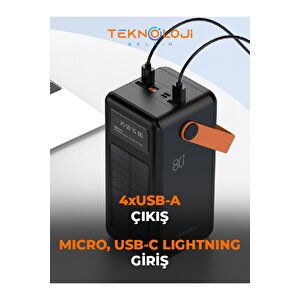 Güneş Enerjili Solar Powerbank 80.000 Mah Dijital Göstergeli El Fenerli 4 Çıkış Taşınabilir Batarya