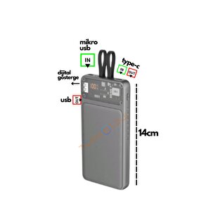 10.000 Mah Powerbank 22.5w Hızlı Şarj Taşınabilir Şarj Cihazı Çok Kablolu Dijital Göstergeli