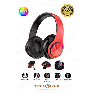 Kablosuz Kulaklık Bluetooth Mikrofonlu Kulaküstü Kulaklık Led Işıklı Katlanabilir Kırmızı