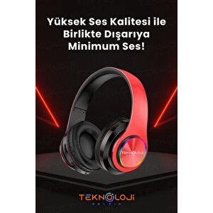 Kablosuz Kulaklık Bluetooth Mikrofonlu Kulaküstü Kulaklık Led Işıklı Katlanabilir Kırmızı