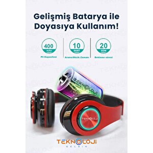 Kablosuz Kulaklık Bluetooth Mikrofonlu Kulaküstü Kulaklık Led Işıklı Katlanabilir Kırmızı