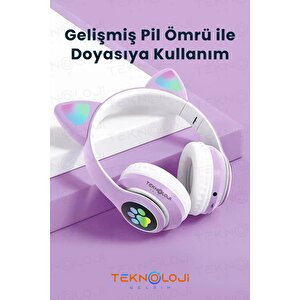 Lila Bluetooth 5.0 Mikrofonlu Kablosuz Yüksek Ses Akıllı Led Işıklı Kedi Patili Rgb Mor Kulaklık