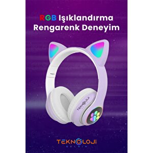 Lila Bluetooth 5.0 Mikrofonlu Kablosuz Yüksek Ses Akıllı Led Işıklı Kedi Patili Rgb Mor Kulaklık