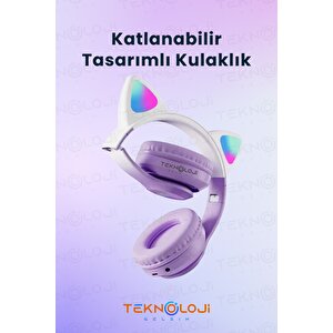 Lila Bluetooth 5.0 Mikrofonlu Kablosuz Yüksek Ses Akıllı Led Işıklı Kedi Patili Rgb Mor Kulaklık