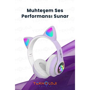 Lila Bluetooth 5.0 Mikrofonlu Kablosuz Yüksek Ses Akıllı Led Işıklı Kedi Patili Rgb Mor Kulaklık