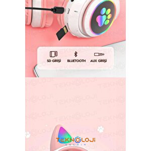 Lila Bluetooth 5.0 Mikrofonlu Kablosuz Yüksek Ses Akıllı Led Işıklı Kedi Patili Rgb Mor Kulaklık