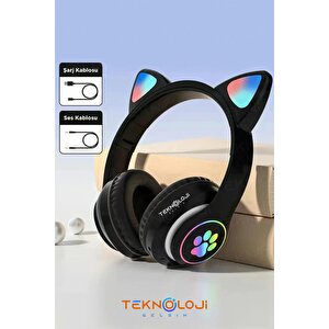 Lila Bluetooth 5.0 Mikrofonlu Kablosuz Yüksek Ses Akıllı Led Işıklı Kedi Patili Rgb Mor Kulaklık
